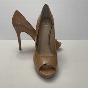 Saks Fifth Avenue Patent Leather Platform Peep Toe Heels Tan Nude Womens 10